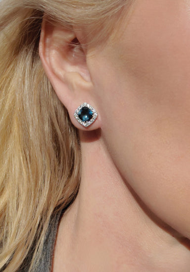 A & Furst 18KWG Diamond Halo London Blue Topaz Stud Earrings | OsterJewelers.com