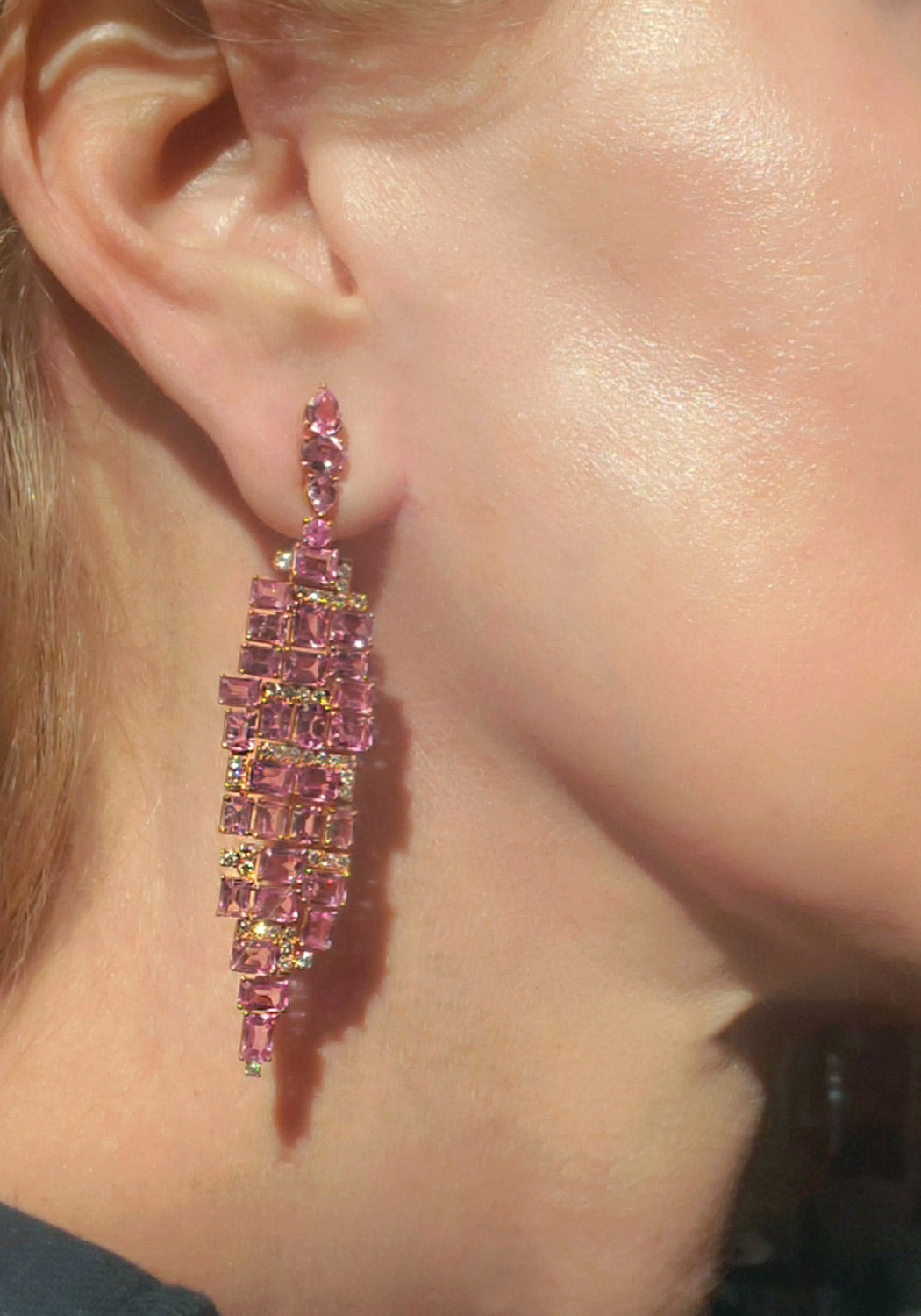 Square cut pink sapphire dangle earring