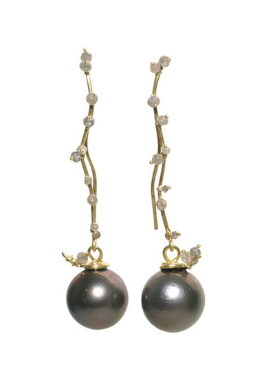 Lene Vibe 18KYG Squiggle Diamond & Tahitian Dangle Earrings | OsterJewelers.com