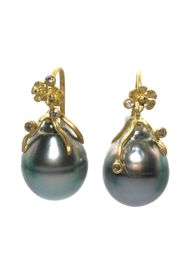 Lene Vibe 18KYG Tahitian Grey Pearl Flower Drop Earrings | OsterJewelers.com