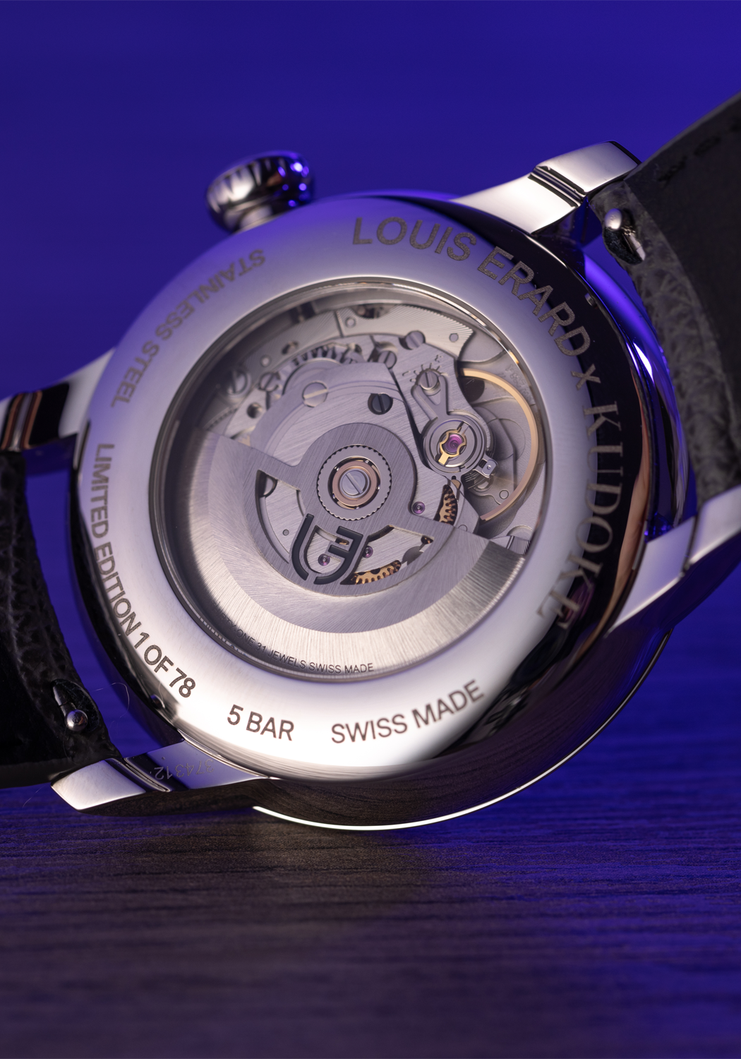 Exhibition caseback of the Le Régulateur Louis Erard x Kudoke Purple | OsterJewelers.com