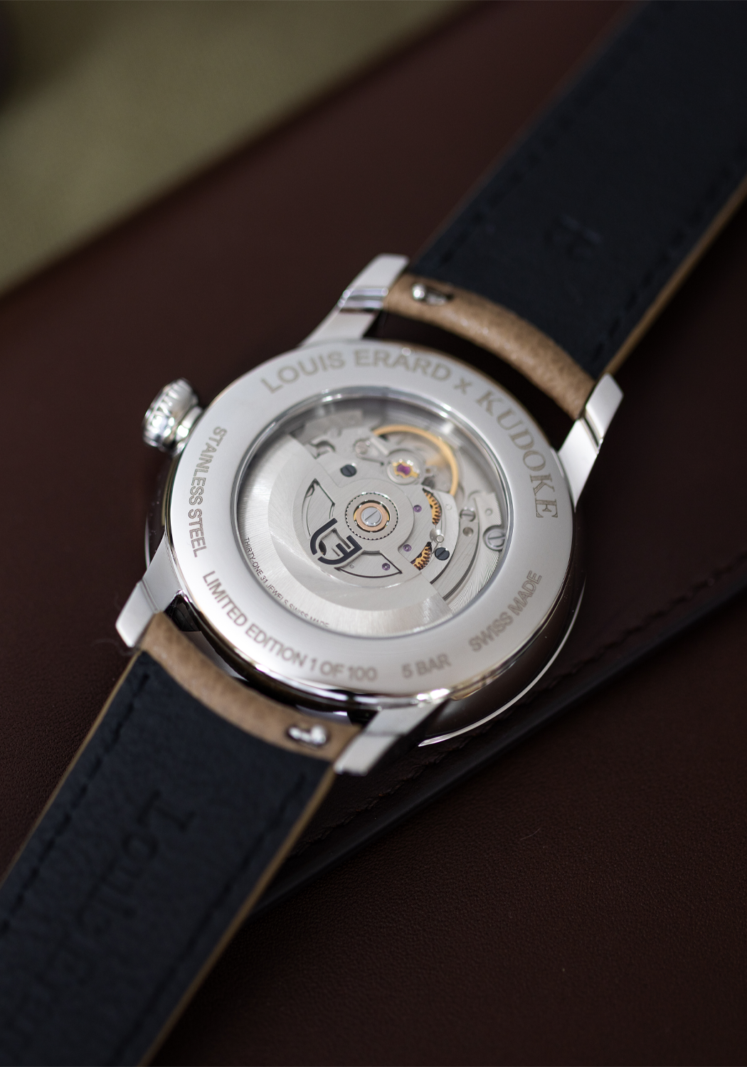 Caseback of the Louis Erard Le Régulateur Louis Erard x Kudoke Forest Green | OsterJewelers.com