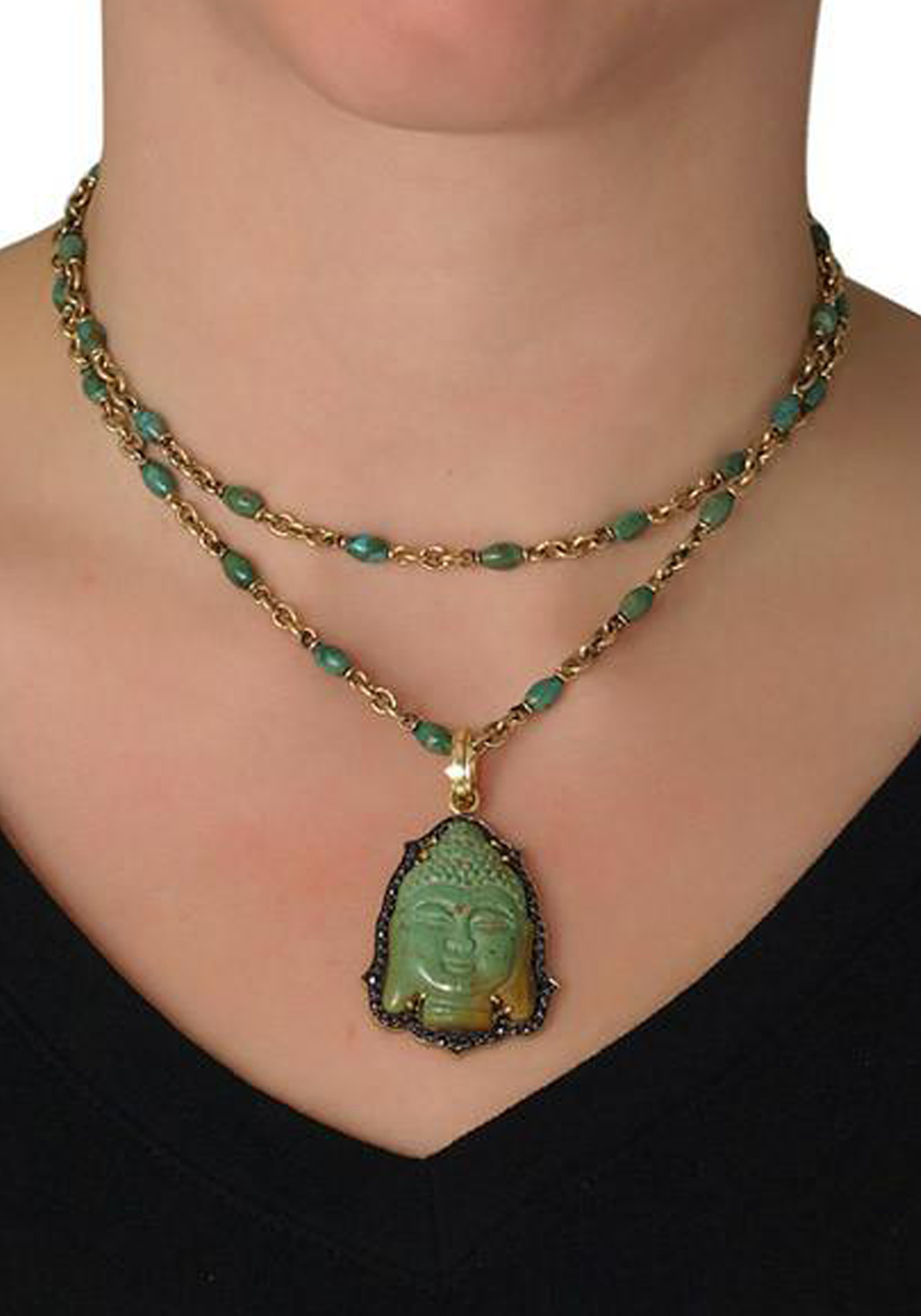 Sylva & Cie 18KYG Black Diamond Turquoise Buddha Pendant Enhancer Style Idea | OsterJewelers.com