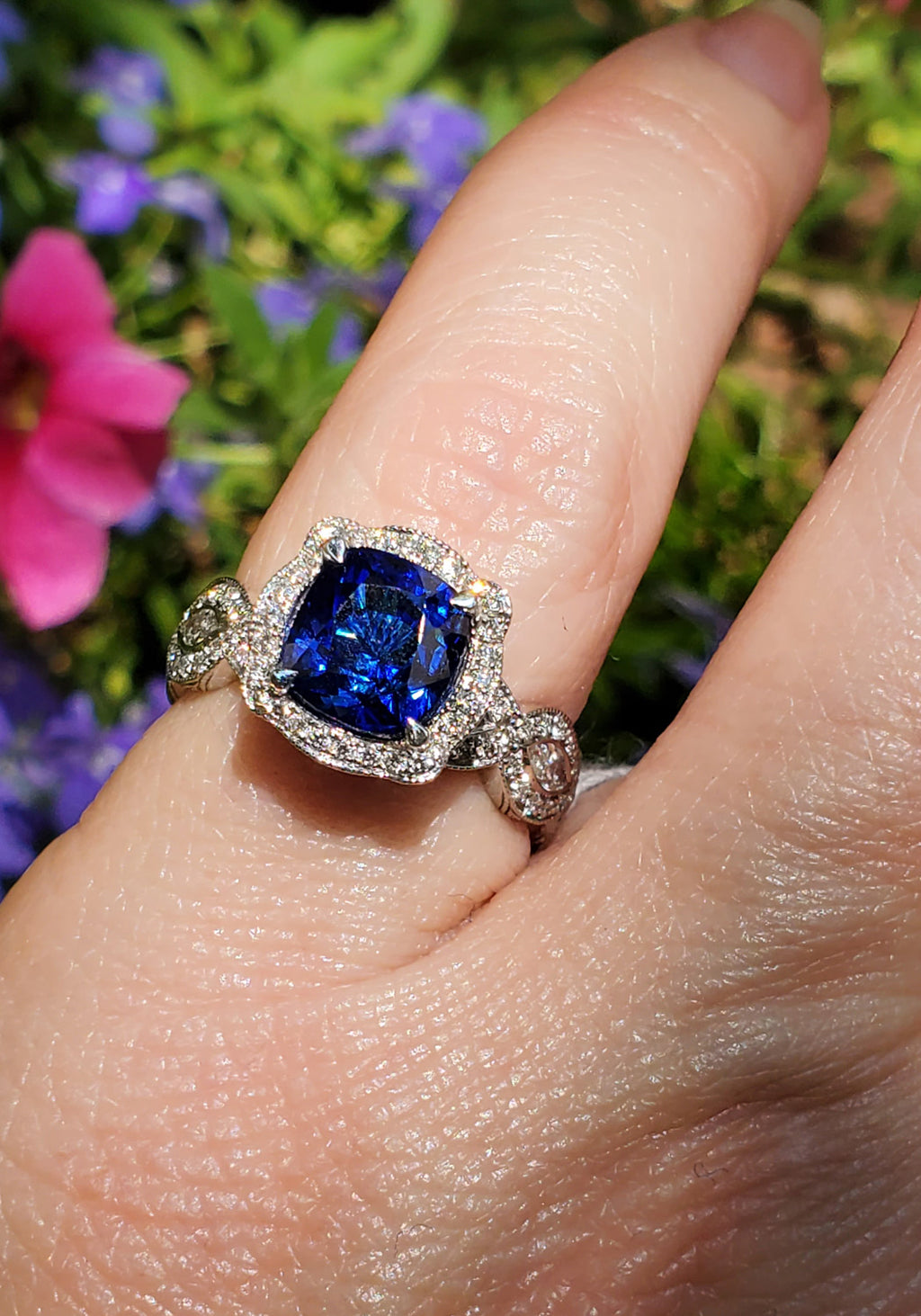 Katharine James Bella's Love Platinum Cushion Sapphire Ring | OsterJewelers.com