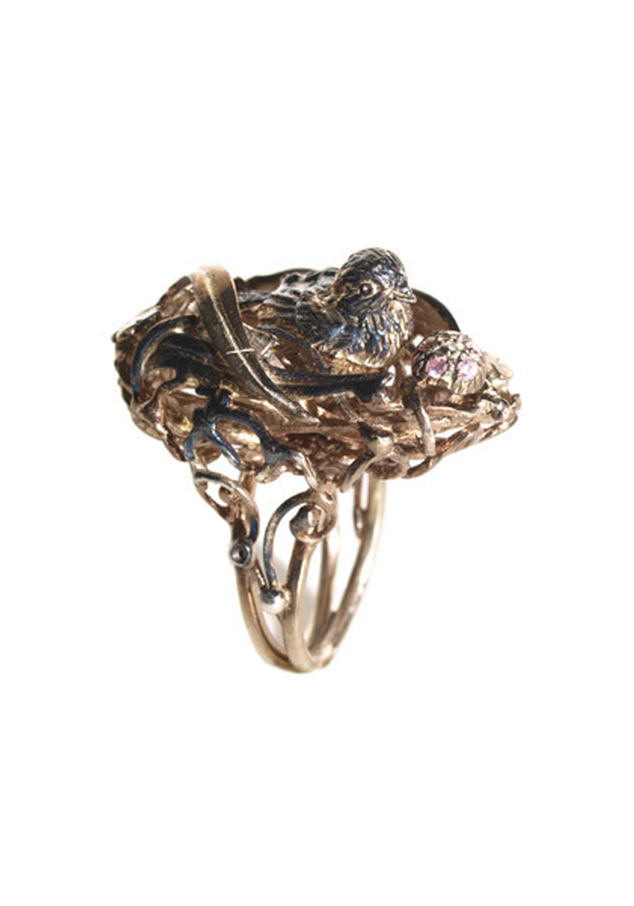 Vernissage Burnished Silver Pink Sapphire Egg Happy Bird Nest Ring