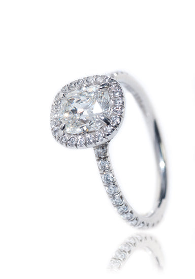 Oster Collection Platinum Halo Cushion Cut Diamond Ring | OsterJewelers.com