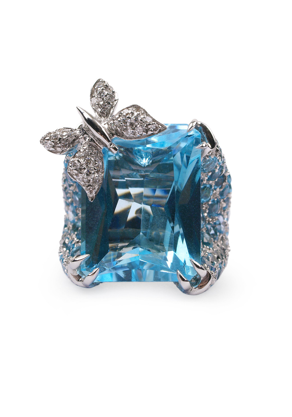 Adolfo Courrier 18KWG Diamond & Blue Topaz Butterfly Cocktail Ring