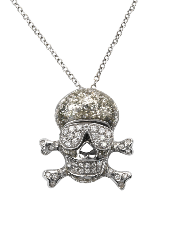 Adolfo Courrier 18KWG Diamond Skull & Crossbones Pendant Necklace